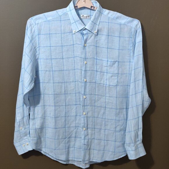 Peter Millar Crown Cool 100% Linen Light Blue Plaid Long Sleeve Button D… - Picture 7 of 7